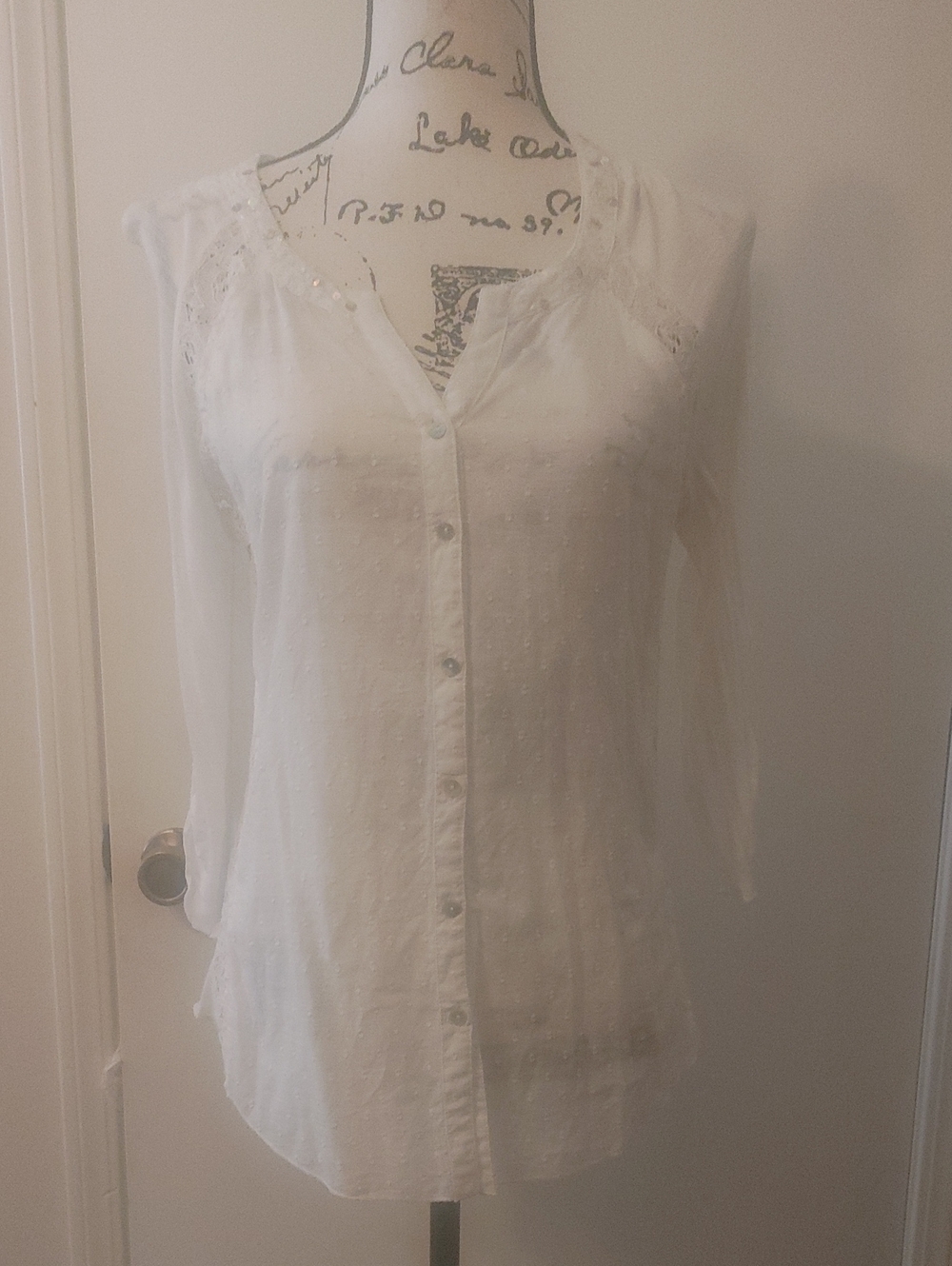 Nine West American Vintage Cream Semi-Sheer with Lace Yoke And Sequin Detail